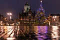 Town hall Delft by night with Christmas decorations